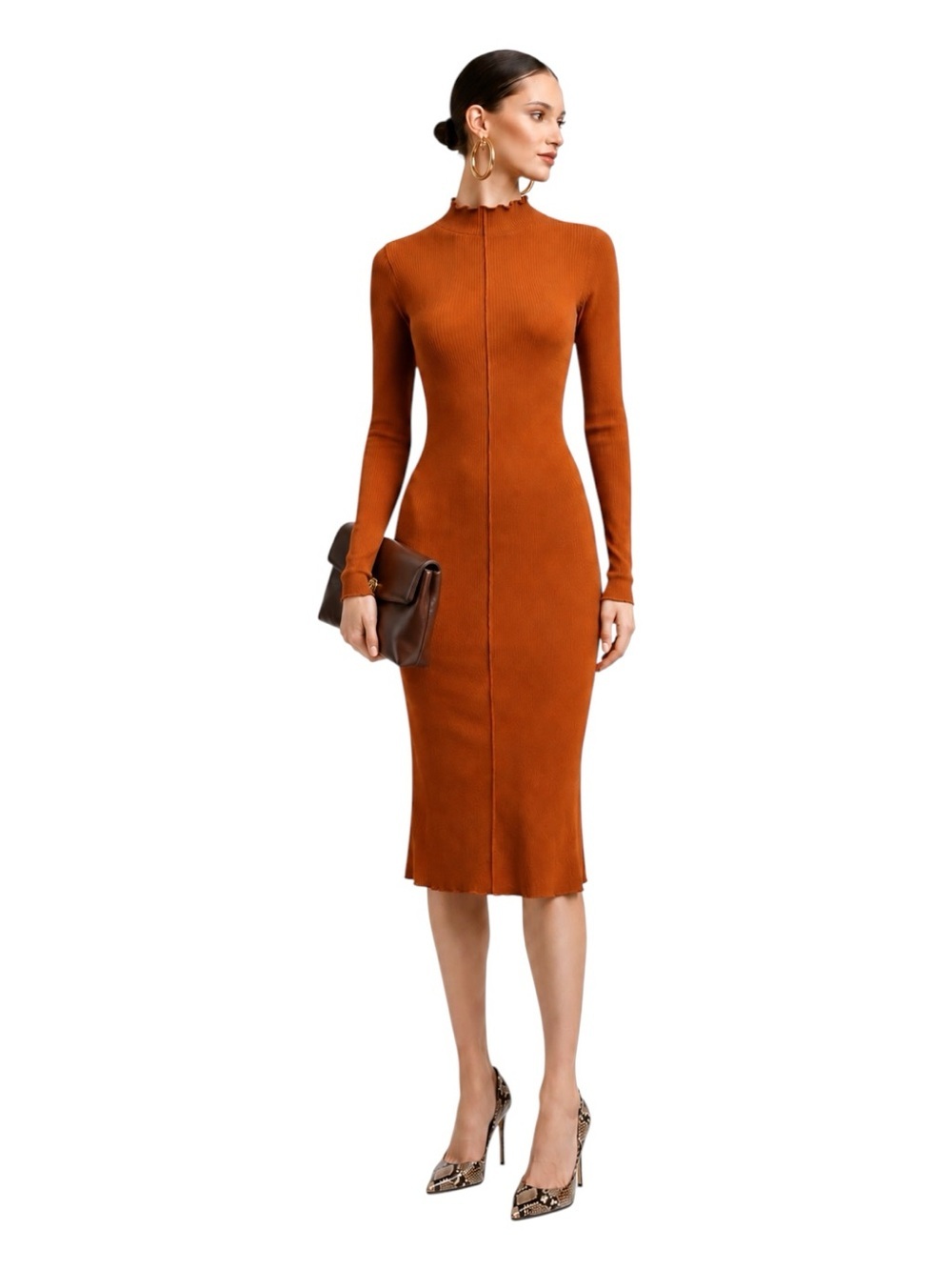 Rust Ribbed Knit Midi Dress Mock Neck Women’s Small Bodycon Minimalist Modern